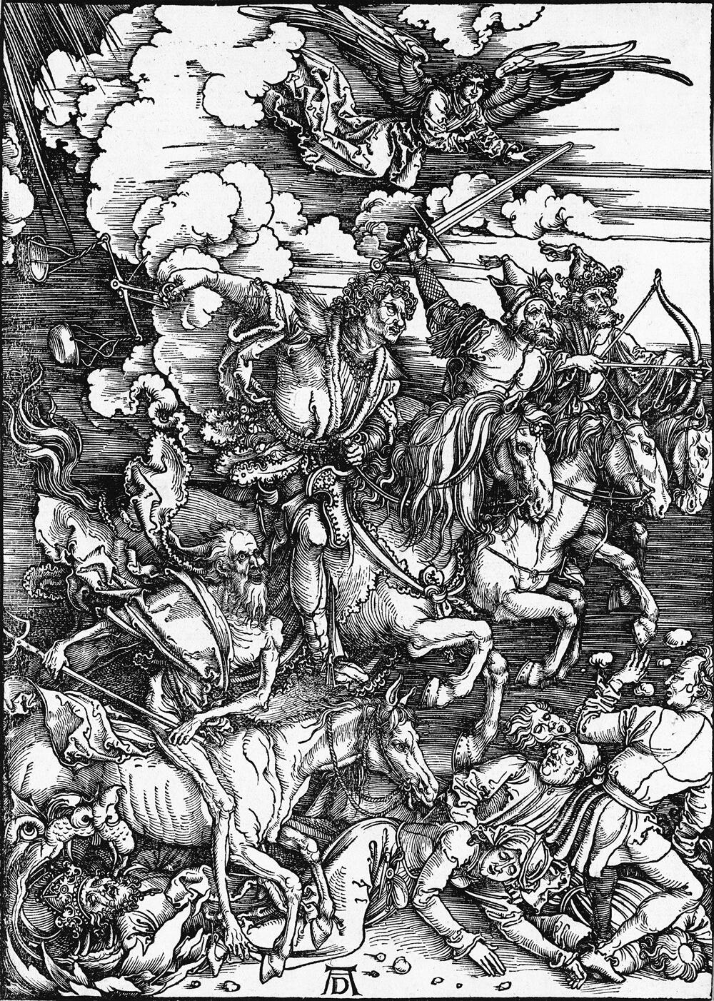 アルブレヒト・デューラー『黙示録の四騎士』(木版画) フランツ・シュミット《オラトリオ「7つの封印の書」》は聖書『ヨハネの黙示録』を題材としている。この木版画は、『ヨハネの黙示録』の場面のうち、第1から第4の封印が解かれたときに現れる騎士を描いている(1498年制作/初版刊行)